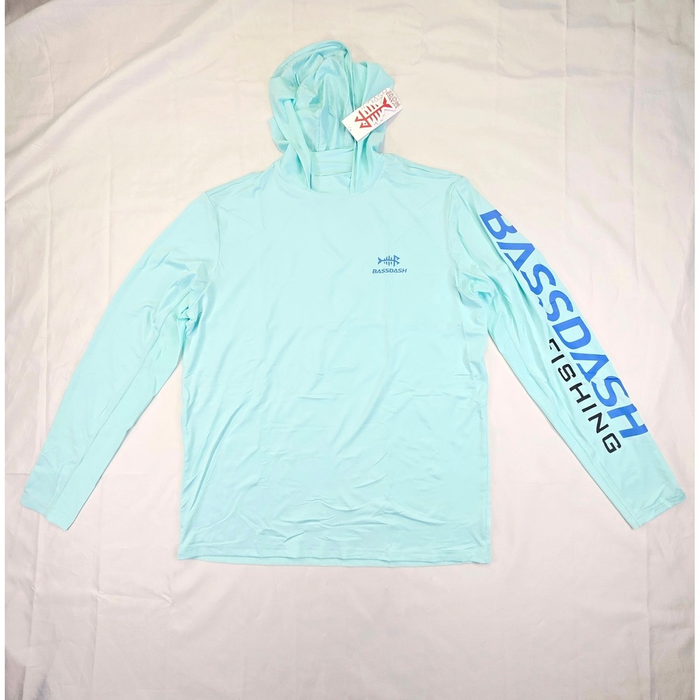 Bassdash Men's Performance Fishing Hoodie Small Aqua Blue Long Sleeve Logo